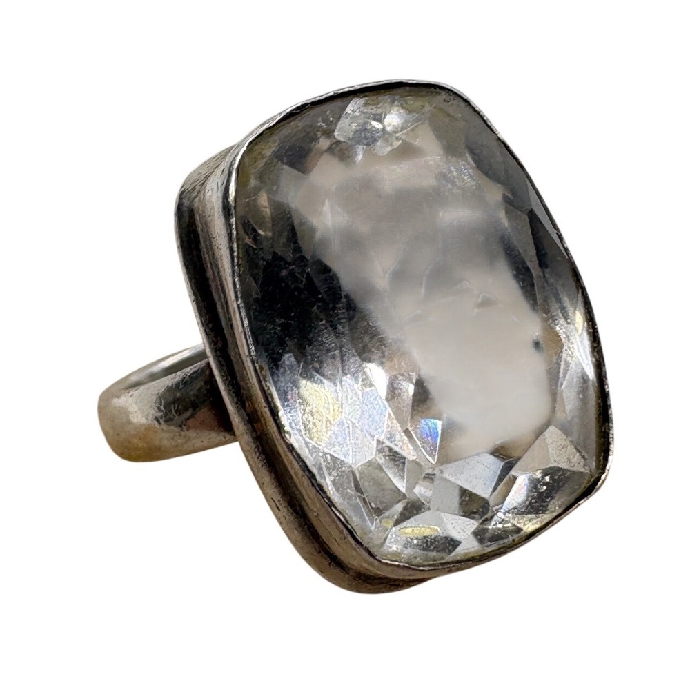 Vintage Sterling Silver 925 Clear Faceted Quartz Statement Ring Size 6.5 7.46g